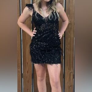 Black Sequin / Feather Mini Dress